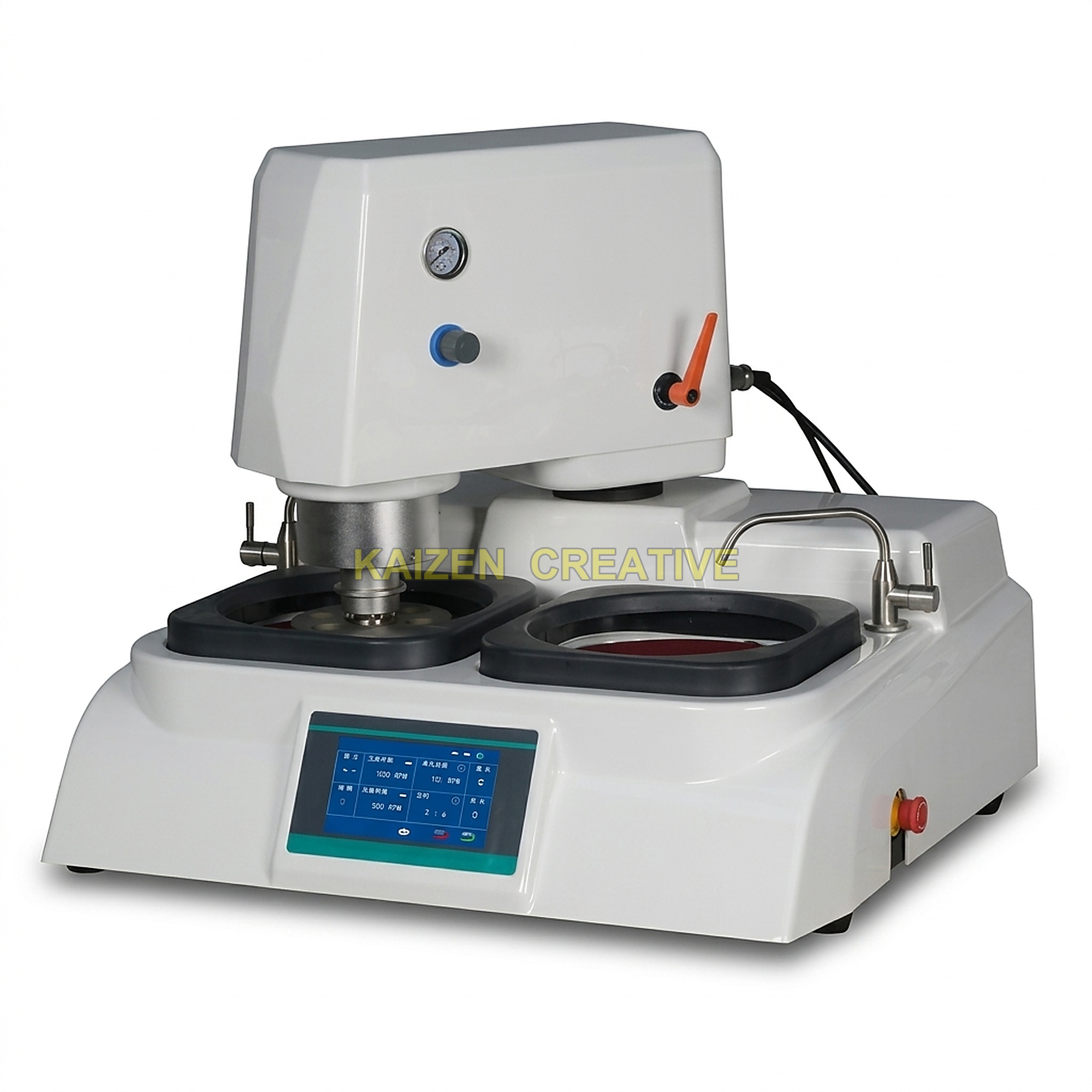 Máy Mài Và Đánh Bóng Mẫu Kim Tương Tự Động 2 Đĩa Cao Cấp (Đĩa Từ Tính Φ254mm / Đầu Mài Động Cơ Bước 200W Khóa Điện Từ / Ép Khí Nén Tâm Đơn 0-0.5MPa / Kẹp 4 Mẫu Tự Động / Lưu Hơn 10 Chương Trình)
